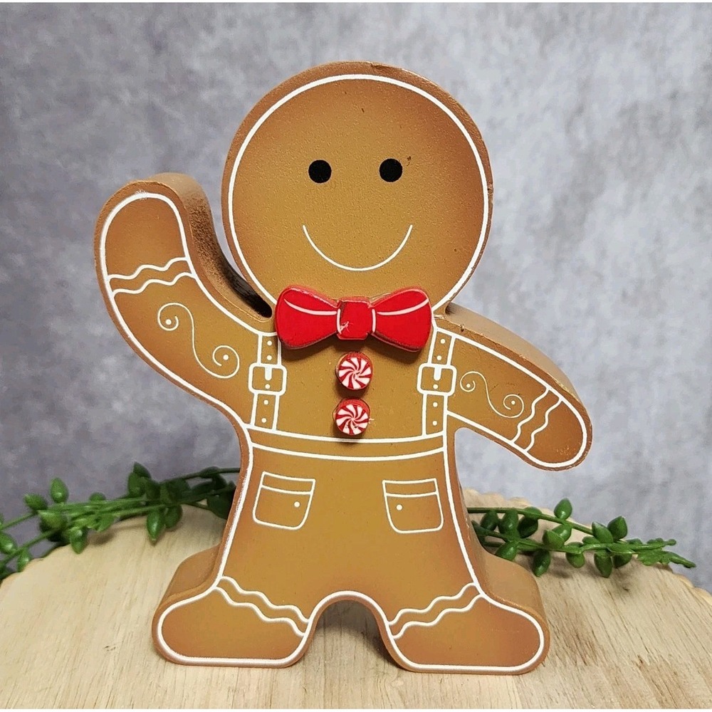Gingerbread Boy Figure Bow Tie‎ Christmas Candy Buttons Wood Tabletop 6.5" NEW